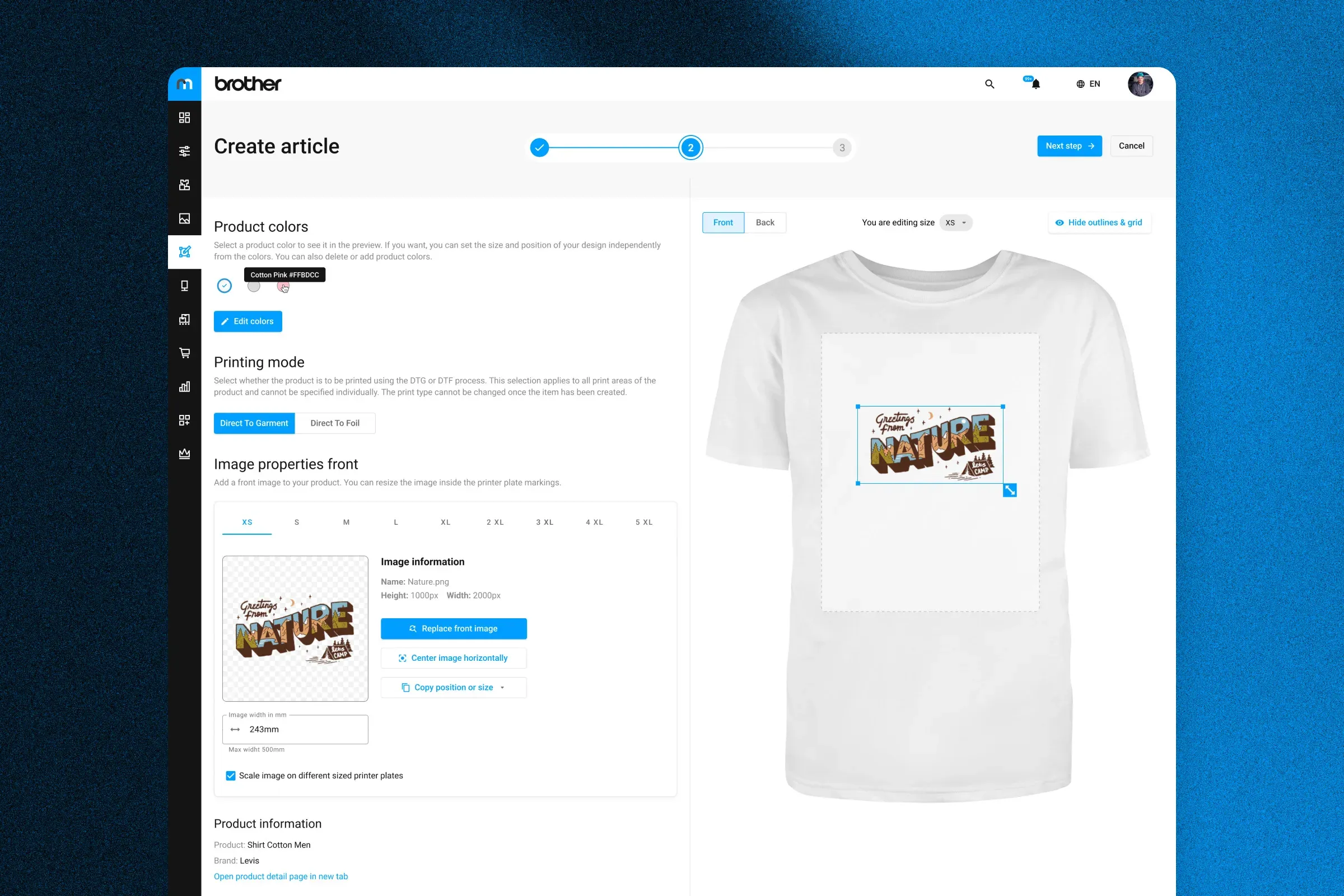 Myze Designer: a t-shirt preview with the placed artwork, product colours, printing mode and image properties in the left panel, and a progress stepper above.