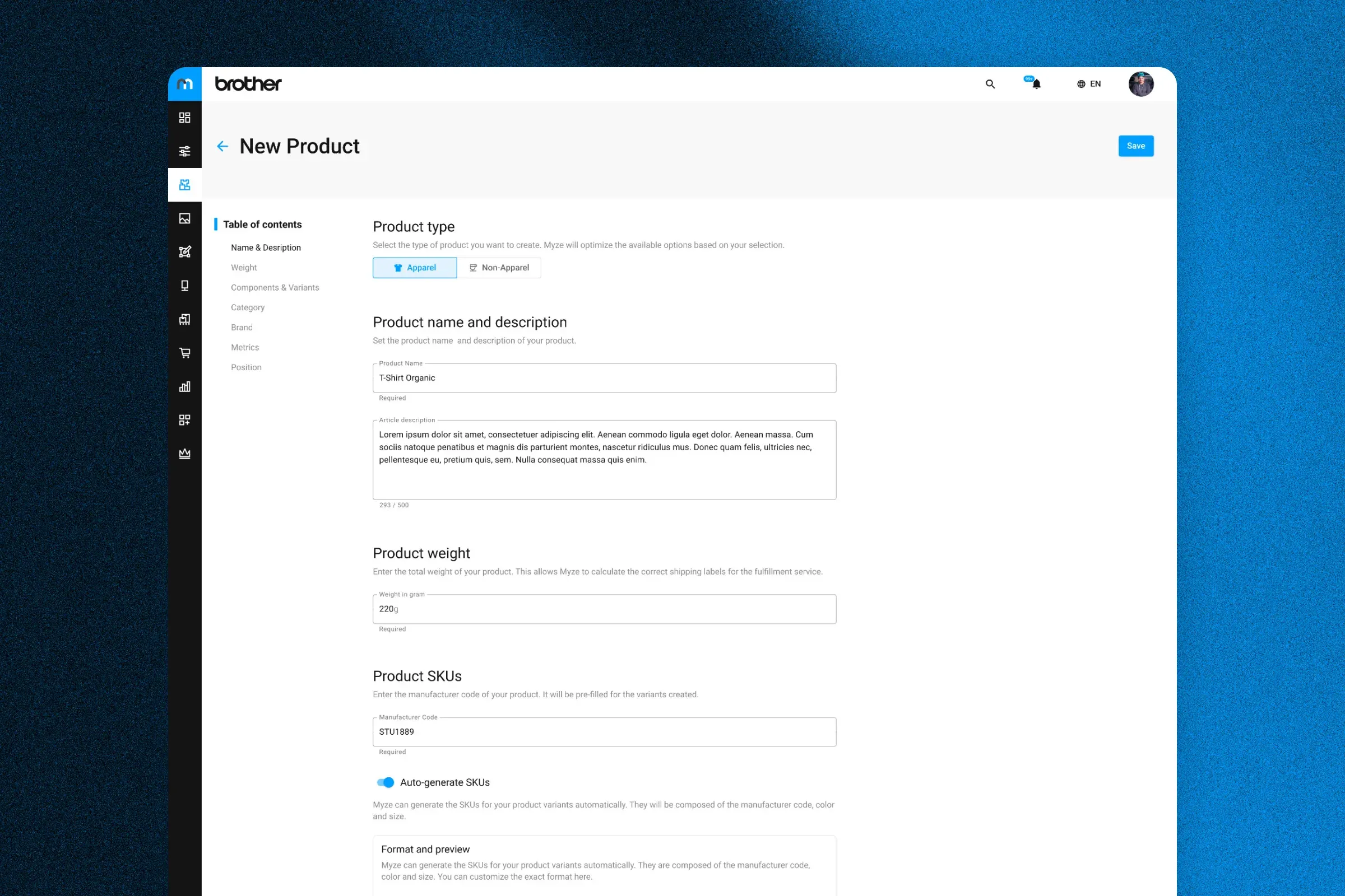 New product form with a table of contents on the left and grouped fields for type, name, description, weight and SKUs.