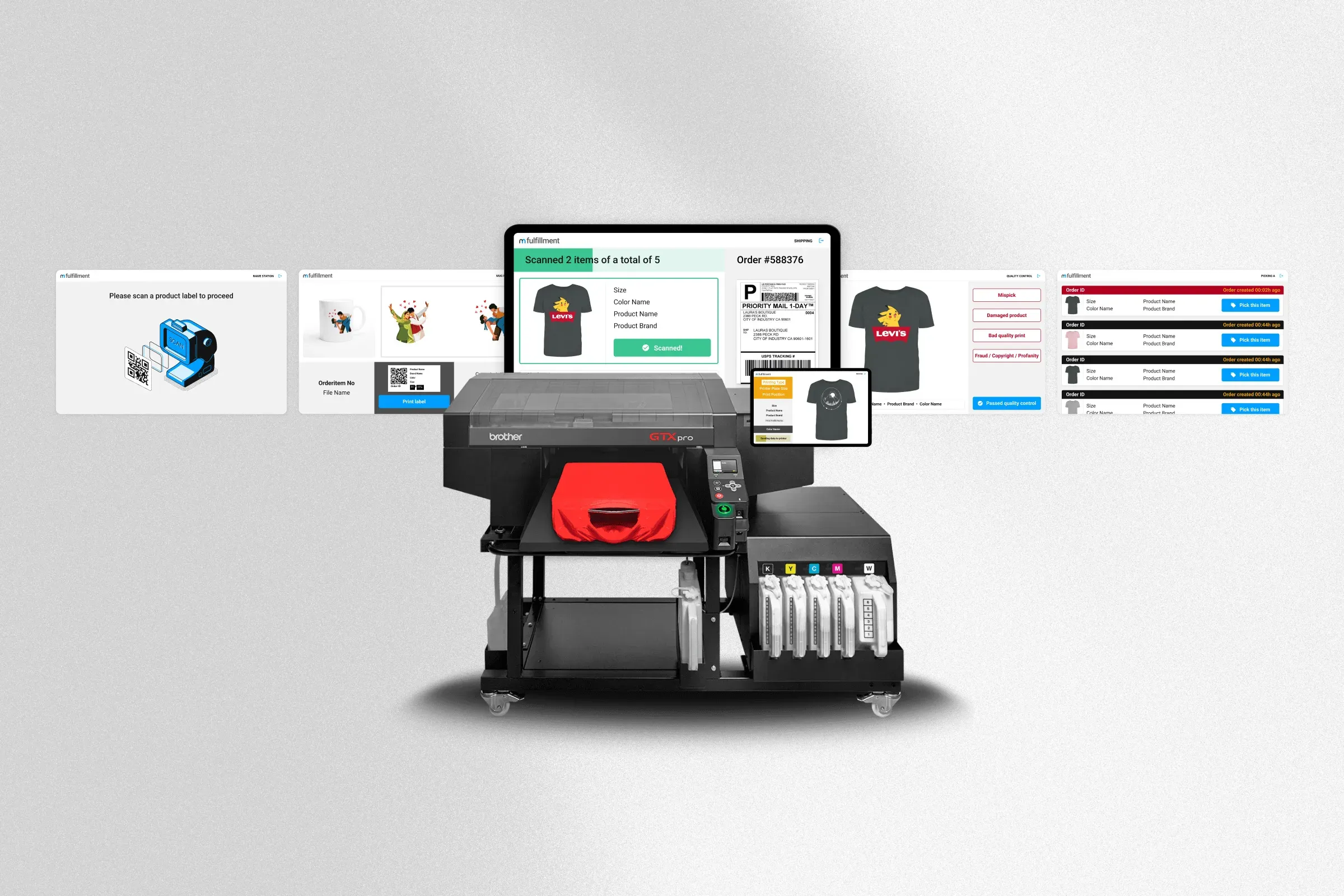 Fulfillment station setup: a direct-to-garment printer with a touch display and tablet showing the pick and pack steps for an order.
