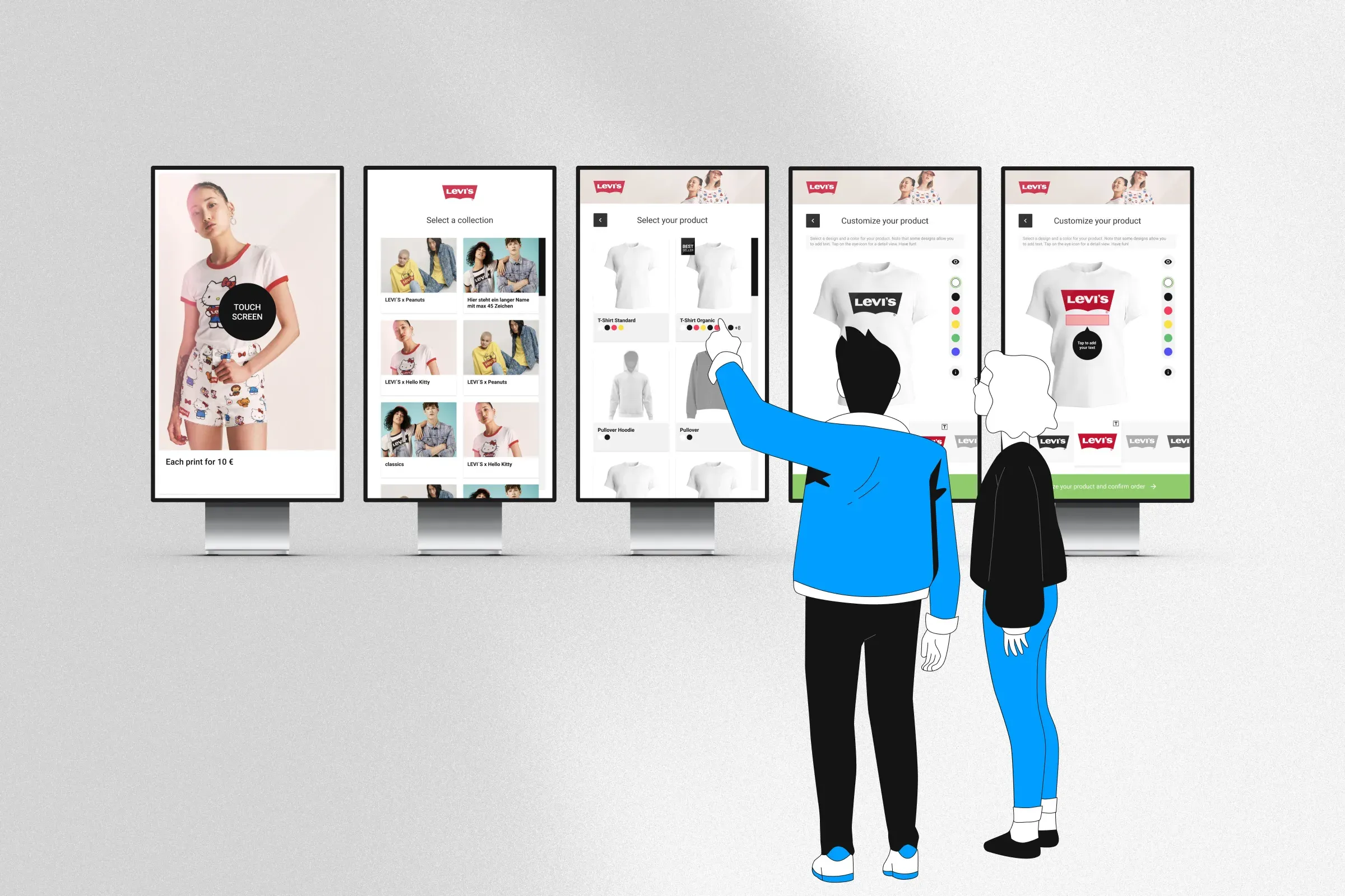 In-store kiosk screens showing a customer selecting a collection, a product and a customisation.