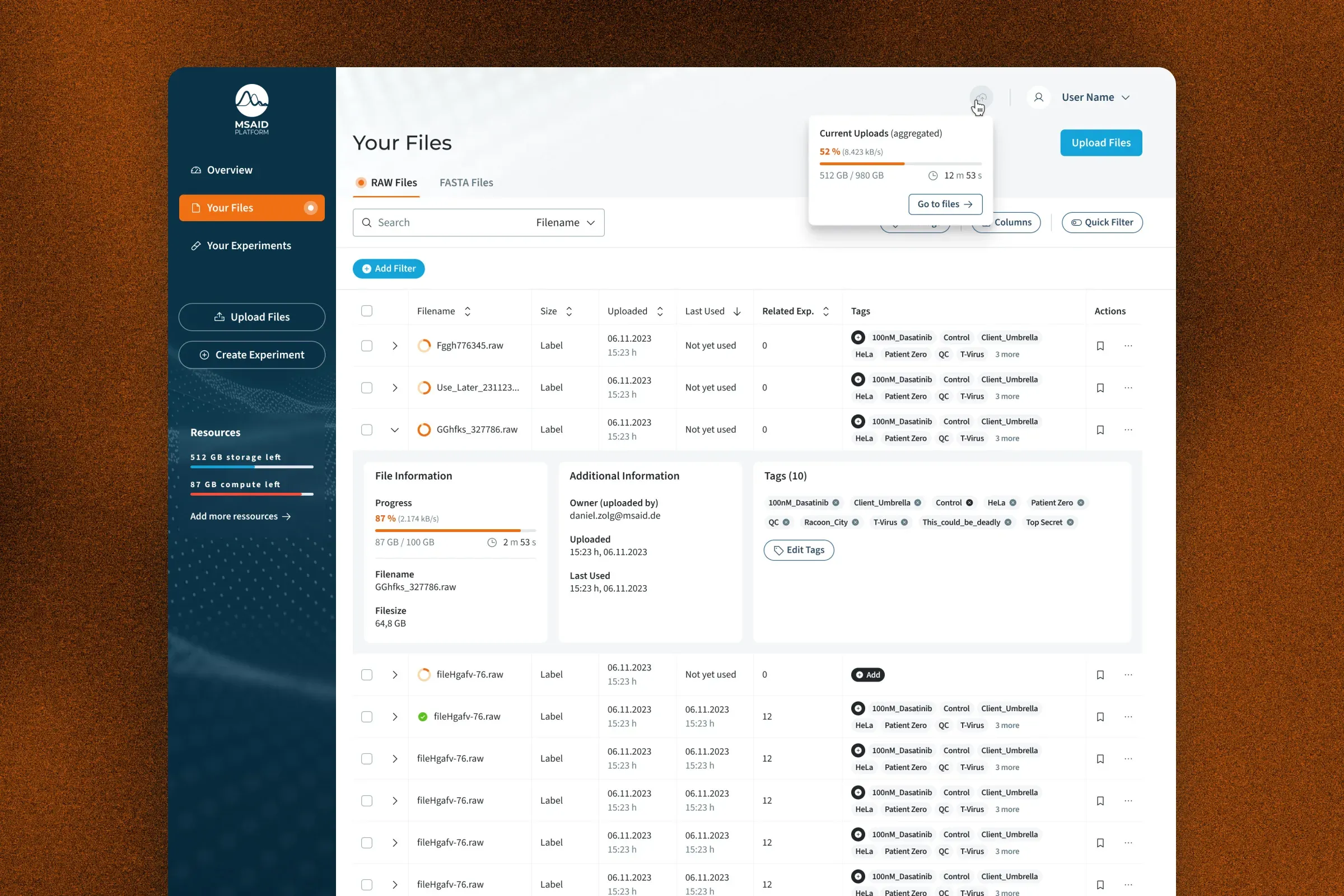 File list with an open file information panel showing progress, metadata and tags, and an aggregated upload progress popover in the header.