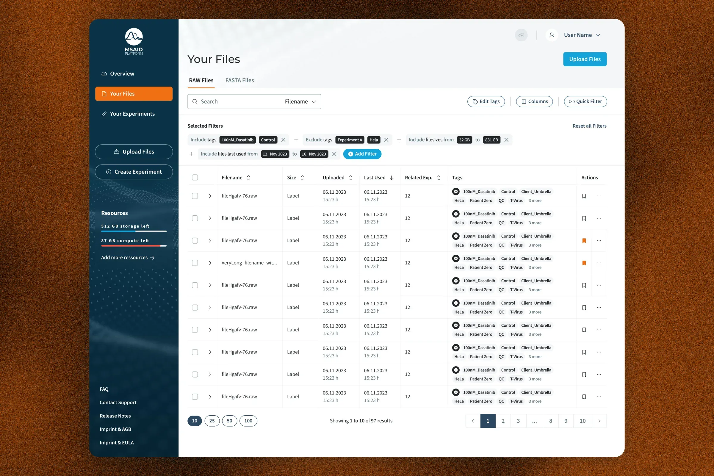 File list with a chain of active filters shown as chips above the table, including tags, related experiments and a date range.