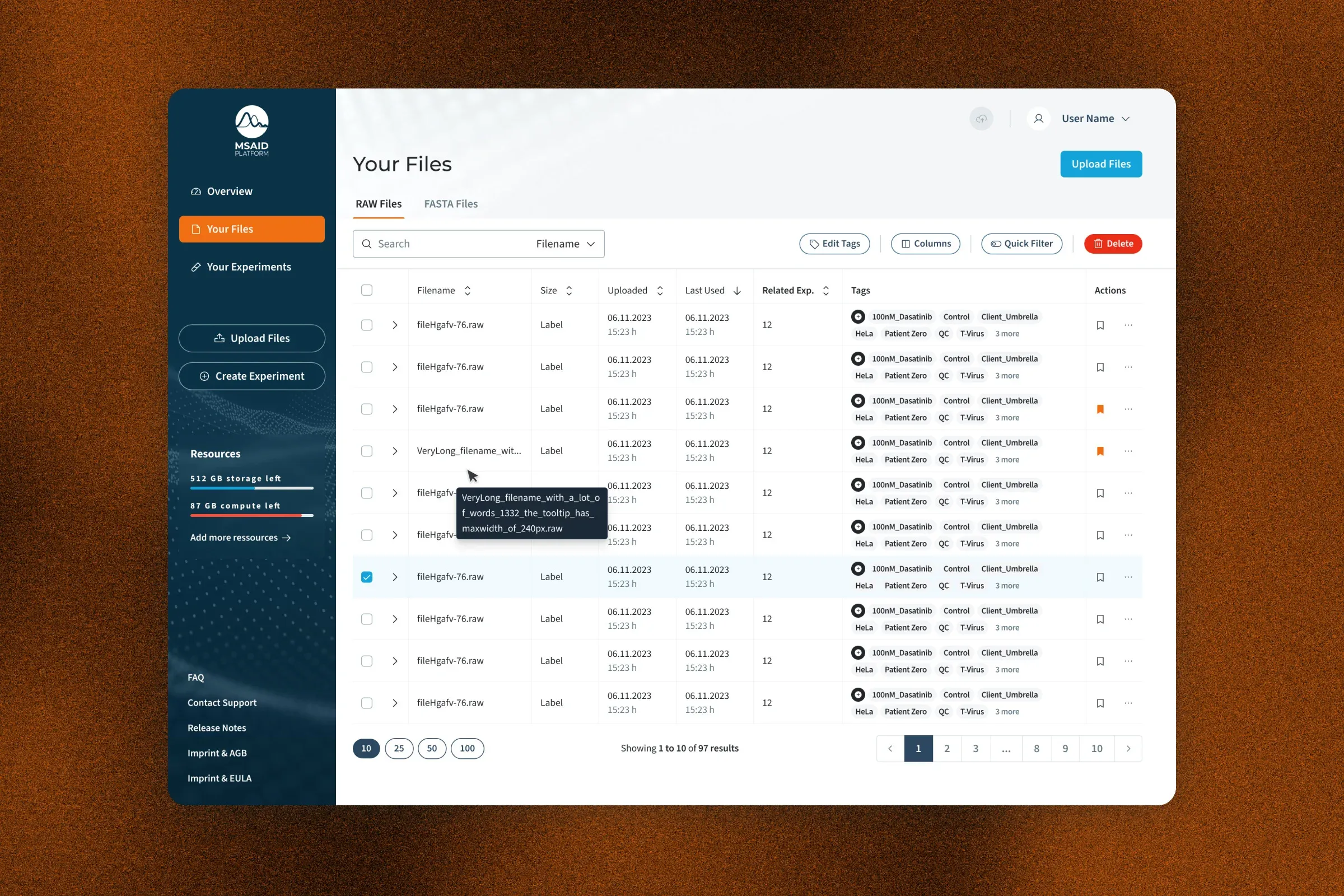File table with a row selected and bulk actions for editing tags, columns and deletion available above.