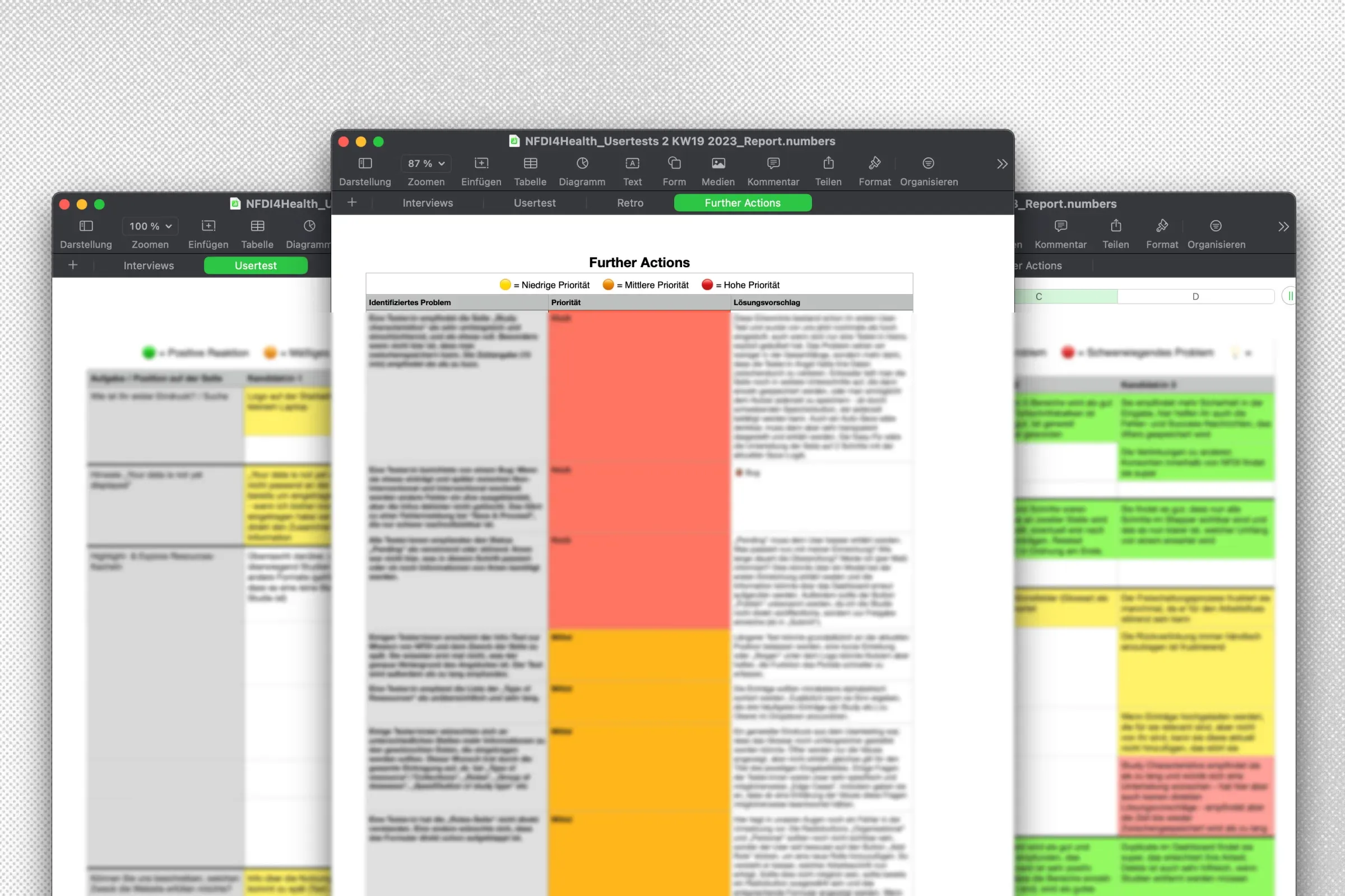 Spreadsheet excerpts from the interview evaluation, with problems colour-coded by priority and recommended actions per row.