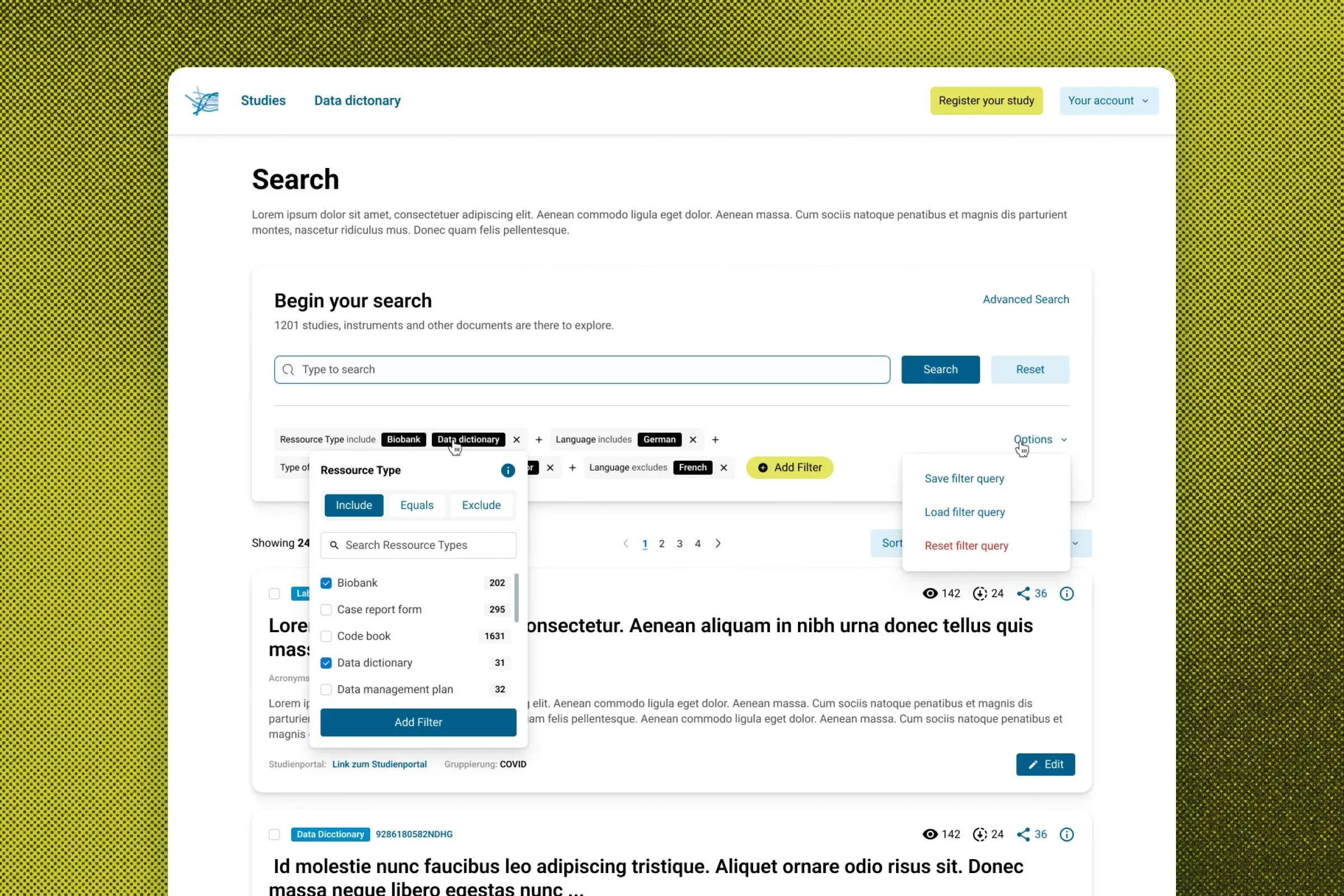 Search results with active filter chips above the list and an open resource-type filter panel offering include, equals and exclude, plus save, load and reset for filter queries.