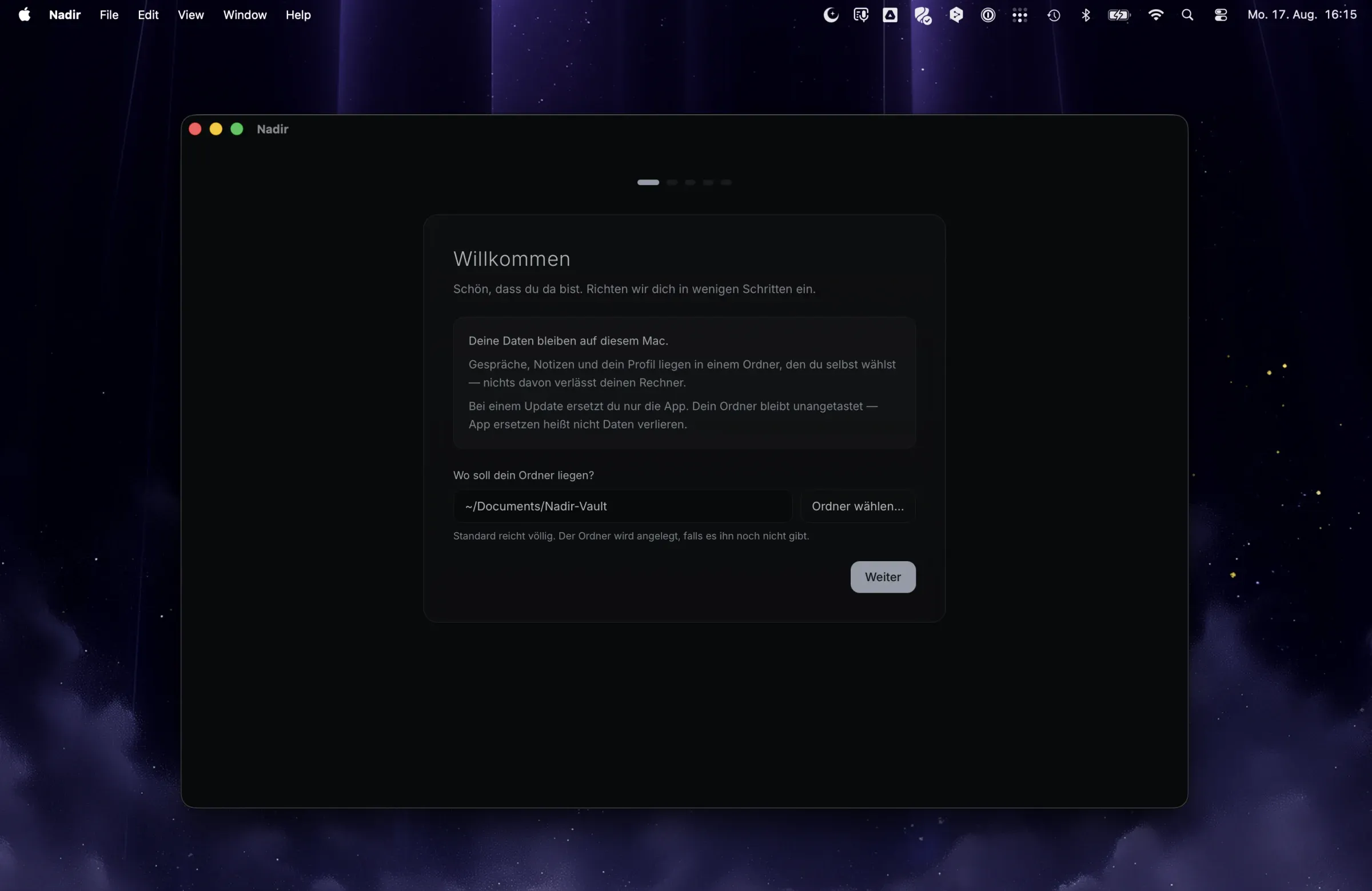 Nadir onboarding, first step: a notice that data stays on this Mac, and a folder picker for the vault.