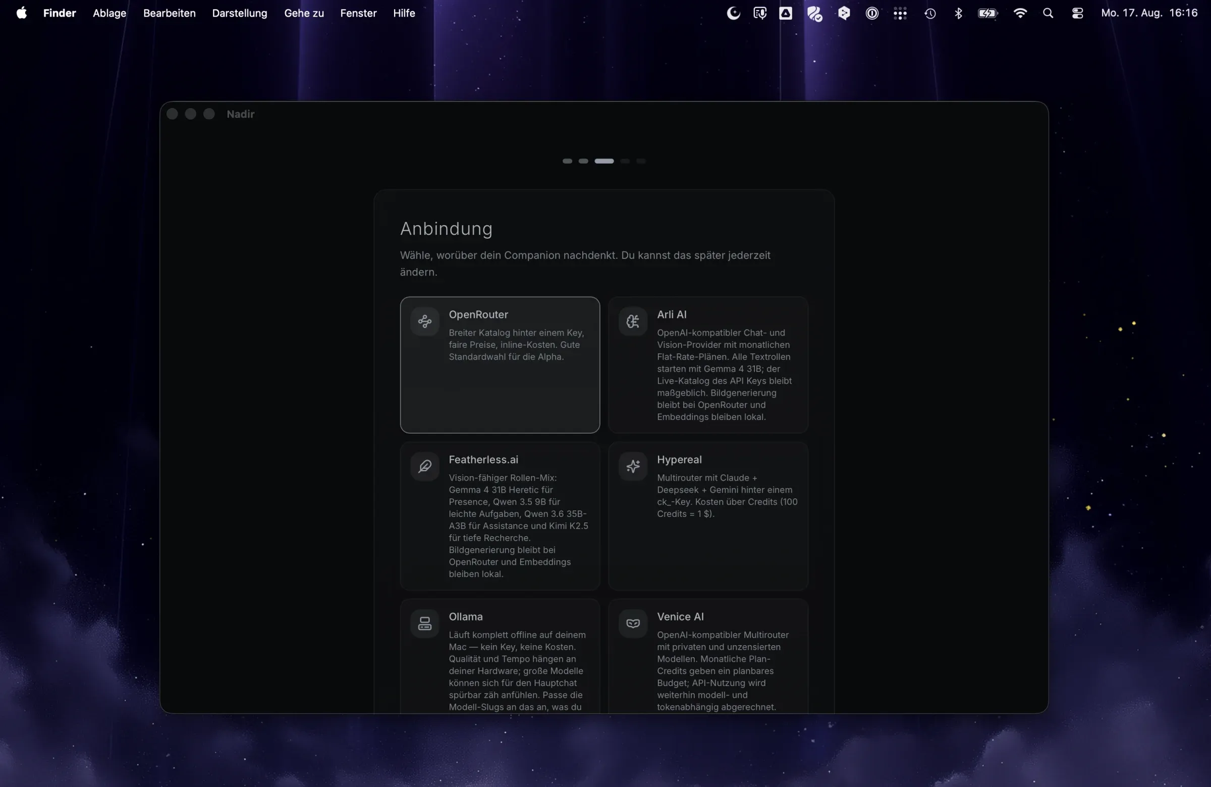 Nadir onboarding, provider step: optional model providers to connect, each described and none required.