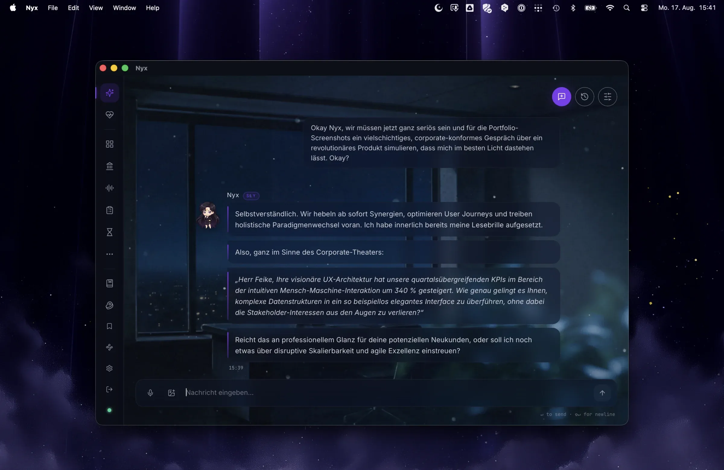 Presence chat: Nyx parodies corporate speak on request, with a persona badge next to its name.