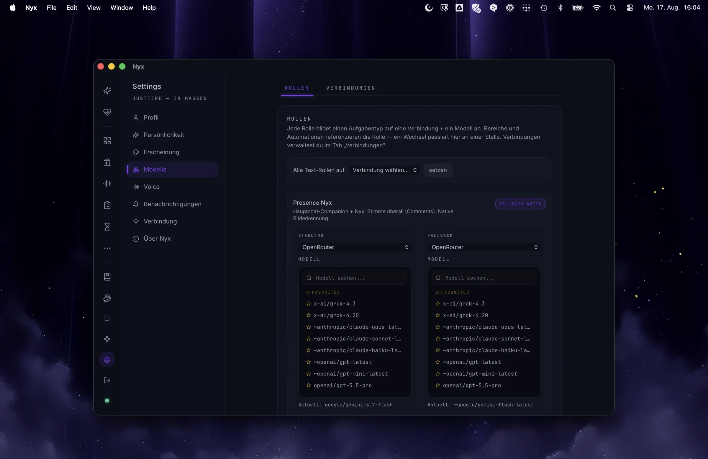 Settings: model roles, each role routed to its own provider and model.