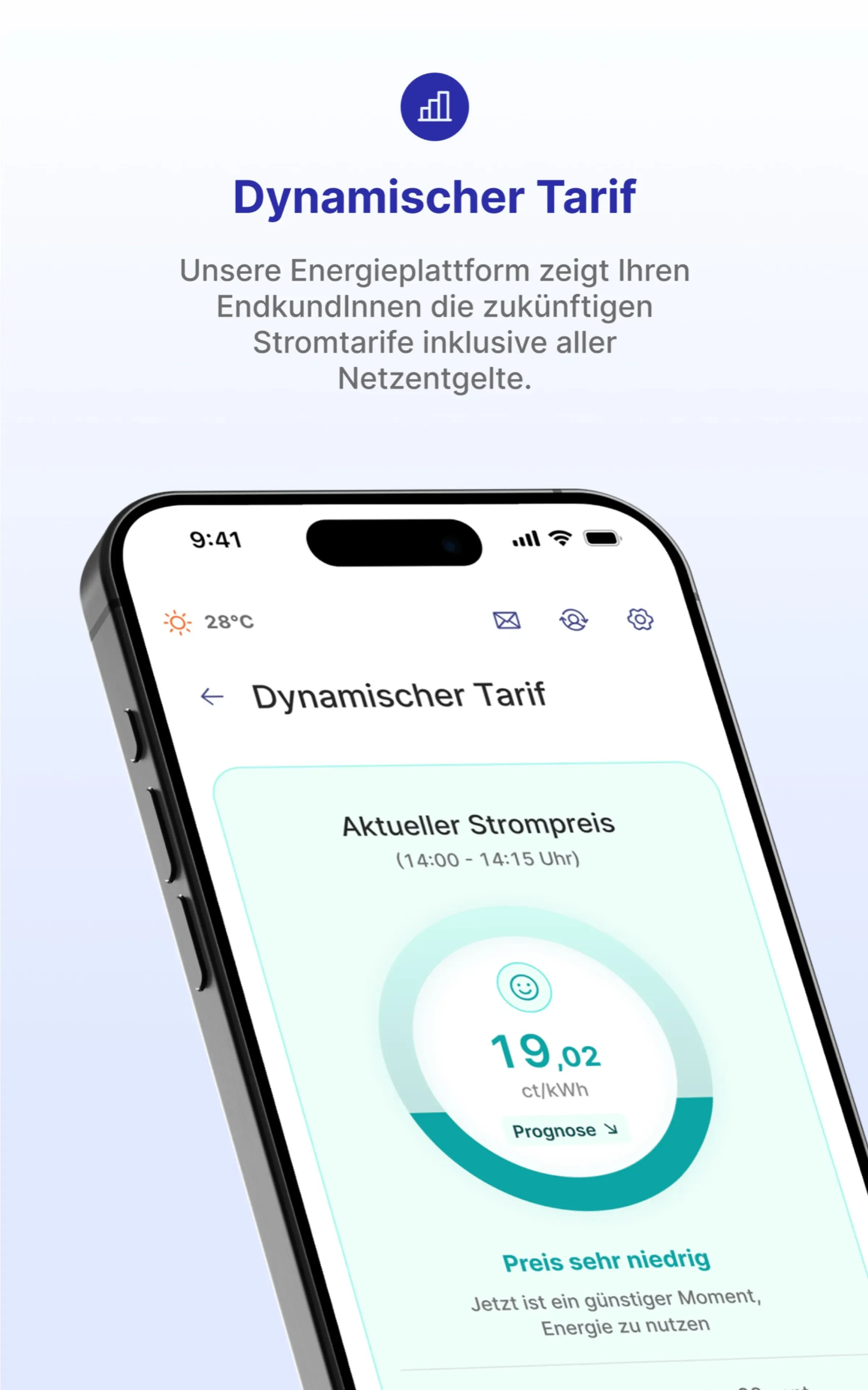 Dynamic tariff screen: current electricity price in cents per kilowatt hour, a very low classification, and a forecast link.