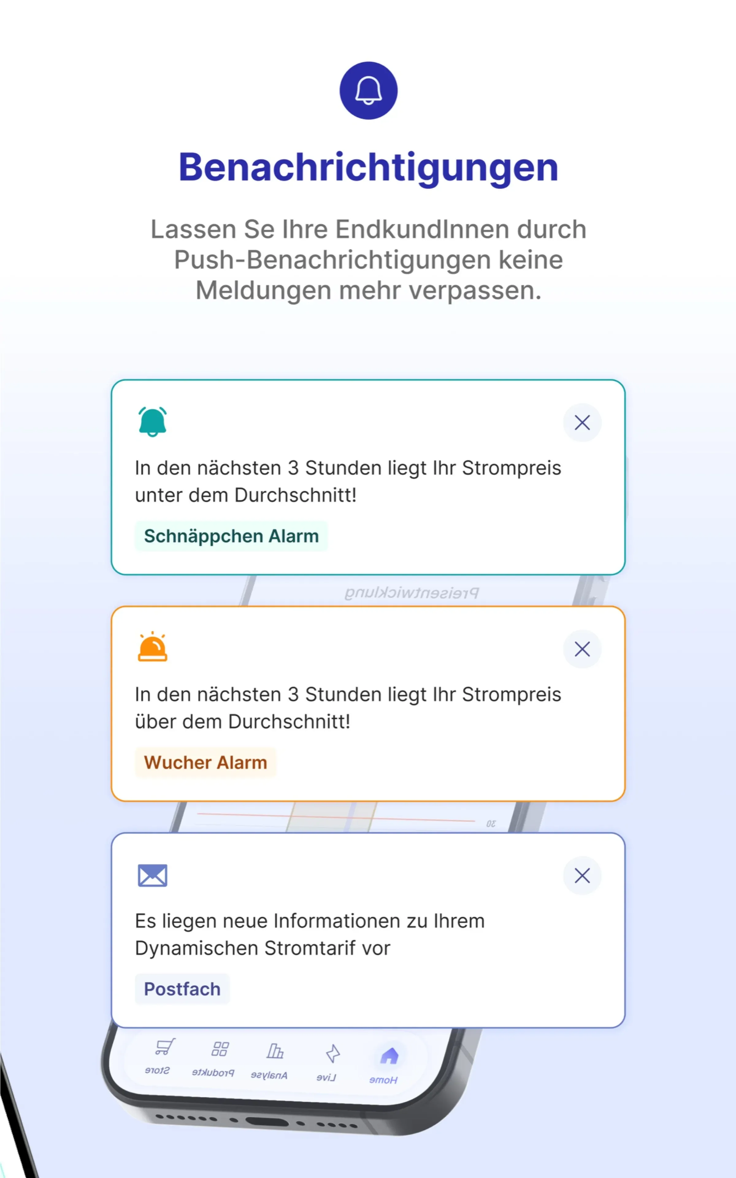 Notification examples: an alert for prices below average, one for prices above average, and a message about the dynamic tariff.